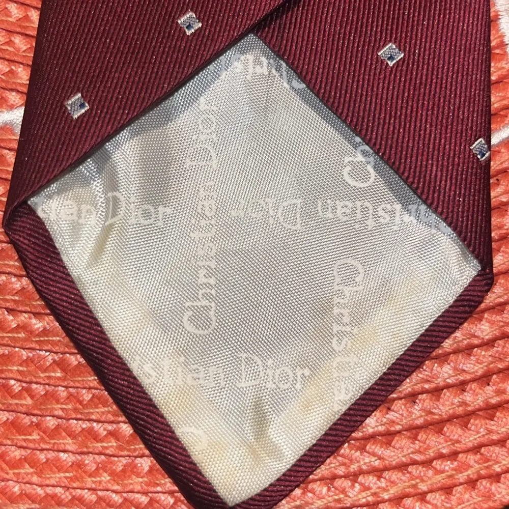 Vintage Christian Dior Silk Blend Necktie Red, Gold & Blue Diamond Polka Dot EUC